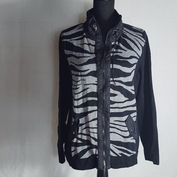 Zenergy Gray Black Tiger Print Cotton Nylon Zip Sweater Jacket Chico Sz 3 US XL - Picture 1 of 16